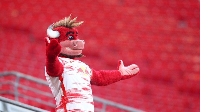 The first half of the year: On the other side of the stadium: The RB-Mascot is the first of the Leipzig Zuschauer.