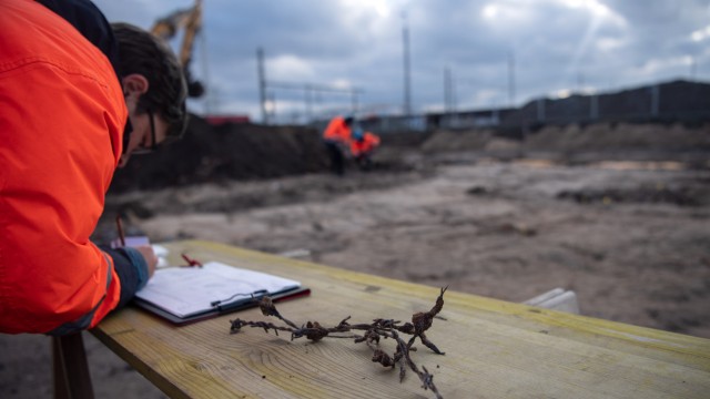 Bremen: Ein Mitarbeiter der Landesarchäologie dokumentiert den Fund von Stacheldraht auf der als "Russenfriedhof" bekannten Industriebrache.