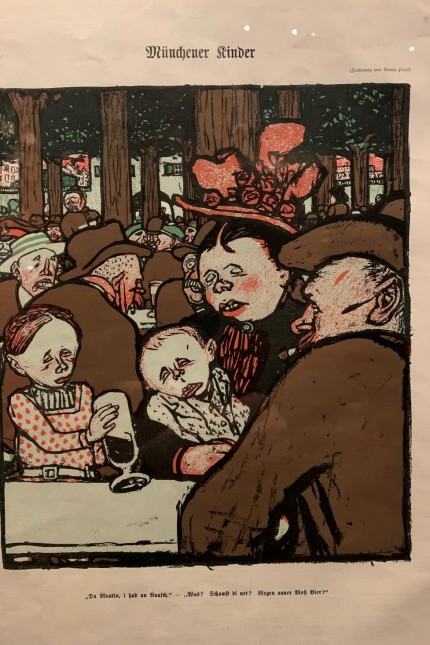 Neue Bayernausstellung: Münchner Kinder, rauschig, Zeichnung von 1903 aus dem Simplicissimus.
