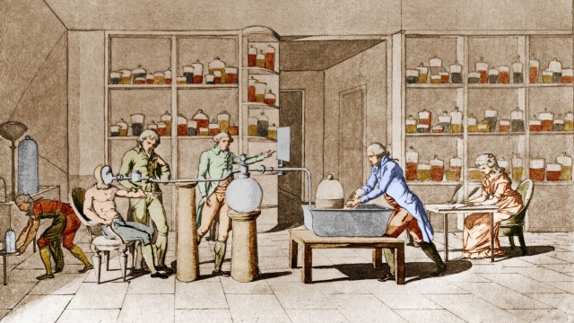 250. Geburtstag: Der Chemiker Antoine Laurent de Lavoisier in einer zeitgenössischen Darstellung bei Versuchen zur Atemluft.