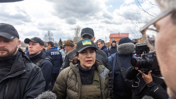 April 12, 2022, Bucha, Ukraine: Prosecutor General of Ukraine, Irina Venediktova speaks to journalists during the exhuma