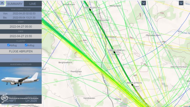 Kampf gegen Fluglärm: Im "Stanly-Track" der DFS können Nutzer einsehen, welche Routen die Linienflugzeuge nehmen, wie hoch sie fliegen und wie sich die Flugbahnen streuen.