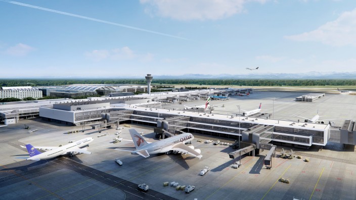 Flughafen München: Eine Illustration der FM zeigt, wie die Erweiterung Terminal 1 am Flughafen München aussehen soll, wenn er Ende 2025/Anfang 2026 - wie derzeit geplant - in Betrieb geht.