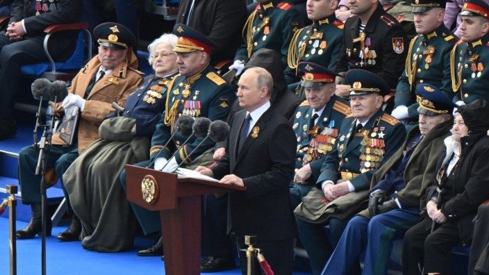 Russia Putin Victory Day Parade 8187429 09.05.2022 Russian President Vladimir Putin delivers a speech during a military