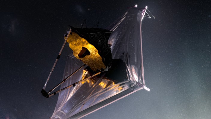 Astronomie: Das James-Webb-Weltraumteleskop mit seinen 18 Spiegeln (in Gold) und dem Sonnenschirm.
