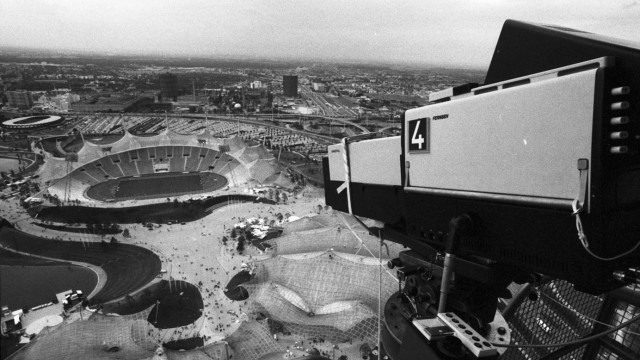 Olympia 1972: Der Kamerablick vom Olympiaturm auf die Spiele.