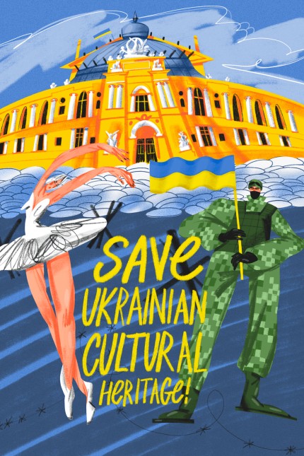 Krieg in der Ukraine: Die Initiative "Save Ukranian Cultural Heritage Online" arbeitet auch mit ukrainischen Künstlern zusammen. Hier ein Plakat der Illustratorin Olga Rodzik, zu sehen ist das Opernhaus ihrer Heimatstadt Odessa.