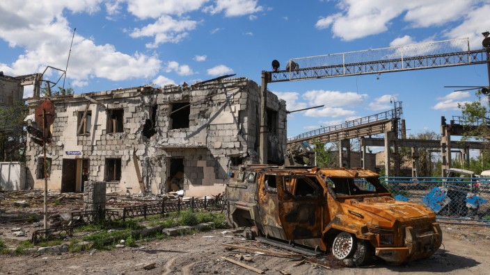 DONETSK REGION, UKRAINE - MAY 17, 2022: A view of the wreckage of a Kozak armoured personnel carrier of the Ukrainian A