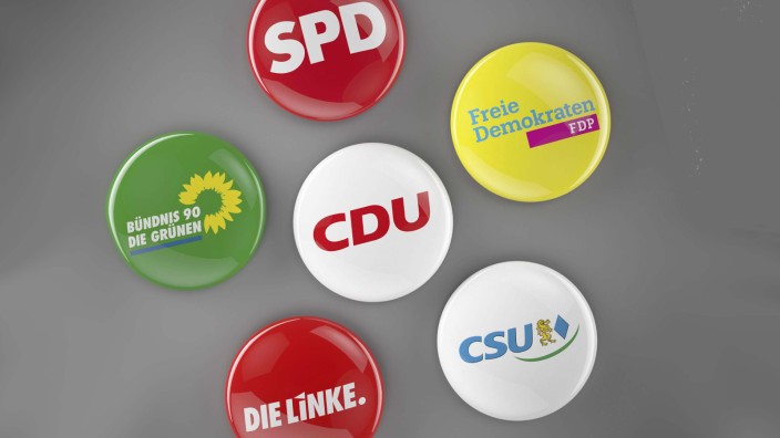 Anstecker von CDU/CSU, SPD, Die Grünen, FDP und Die Linke