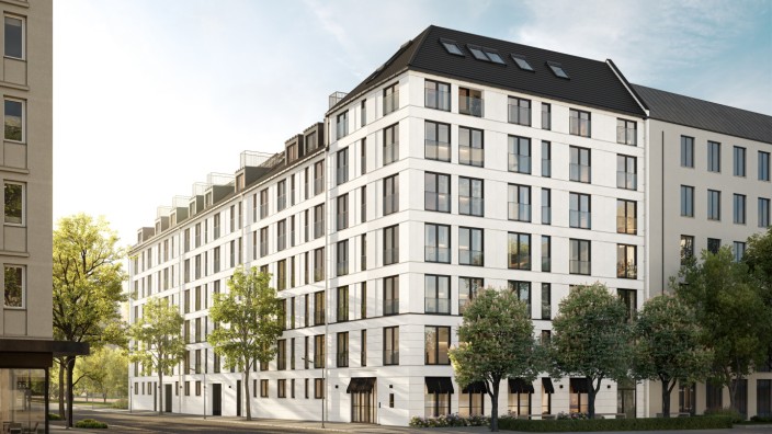 Immobilien in München: Für eine Drei-Zimmer-Wohnung im Dachgeschoss werden 2,4 Millionen Euro fällig: Im Sommer 2025 soll das Maison Lucile an der Lucile-Grahn-Straße 23 fertig sein.