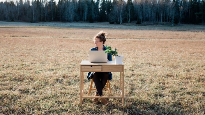 Internet und Digitalisierung: Eine Frau mit Laptop auf einem Feld