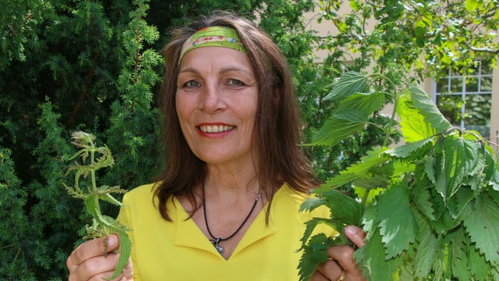 Ernährung: Die Kräuterexpertin Michaela Stadelmeyer mit der Heilpflanze des Jahres 2022 - der Brennnessel - links die männliche Pflanze mit den Samenständen, die getrocknet auch gut im Joghurt schmecken.