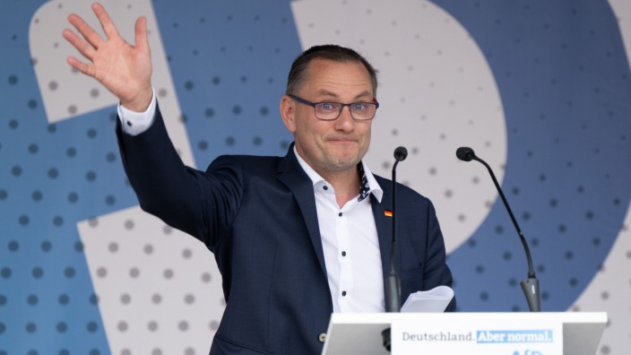 Kommunalwahl: Tino Chrupalla, AfD-Bundesvorsitzender, bei einer Wahlkampfveranstaltung seiner Partei in Görlitz.