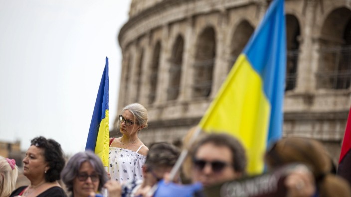 Demonstration gegen die Invasion in der Ukraine Anfang Juni in Rom. In Italien sehen aber mehr Bürger als in jedem anderen europäischen Land die Schuld für den Krieg gar nicht bei Russland.