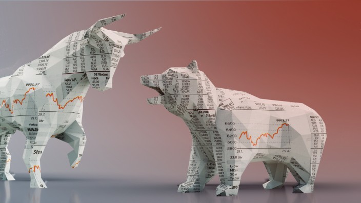 Börse: Die Symbole der Börse: Der Bulle steht für steigende Aktienkurse, der Bär für fallende. Der Bulle muss das Feld wohl verlassen.