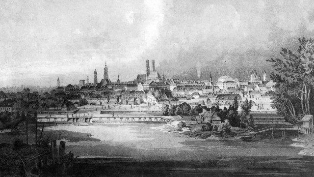 Stadtjubiläum: 864 Jahre München: Ansicht mit der Frauenkirche und dem Alten Rathaus in der Mitte des 19. Jahrhunderts.