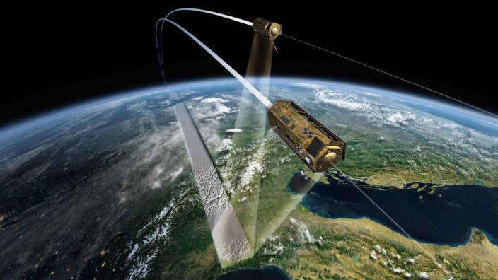 Weltraumtechnik: Die beiden Zwillingssatelliten TerraSAR-X und TanDEM-X im Formationsflug.