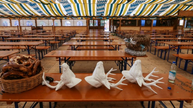 Siedlerfest in Karlsfeld: Feinschliff im Festzelt: Seit zweieinhalb Wochen wird es aufgebaut, nun fehlt noch die Dekoration mit weißen Hirschen und großen Brezen.