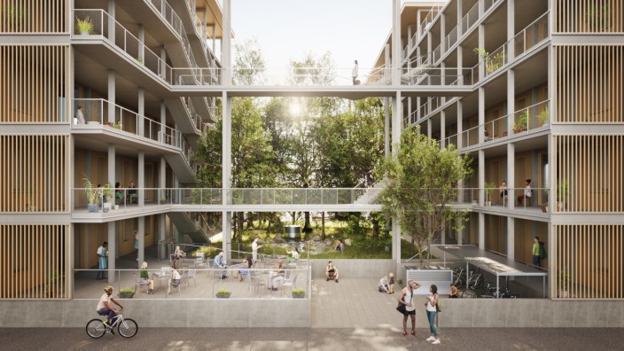Neubau in München: Zwei lange Riegel, begrünter Innenhof: Architekt Florian Nagler hat das Günstig-Haus im Kreativquartier entworfen. Simulation: Euroboden