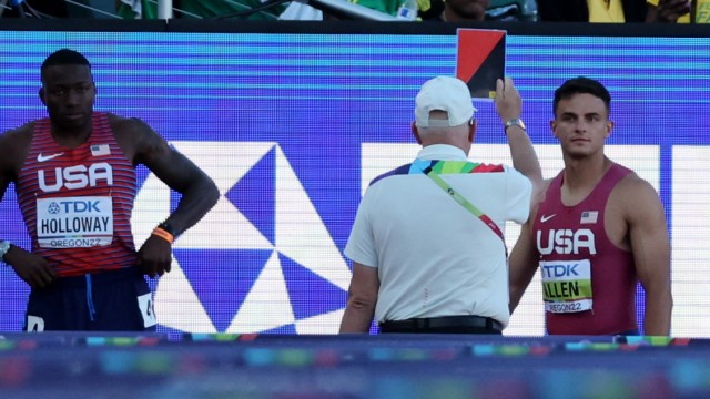 Leichtathletik-WM: Eine Tausendstelsekunde zu früh: Nach seinem Start wird US Sprinter Devon Allen (rechts) disqualifiziert.