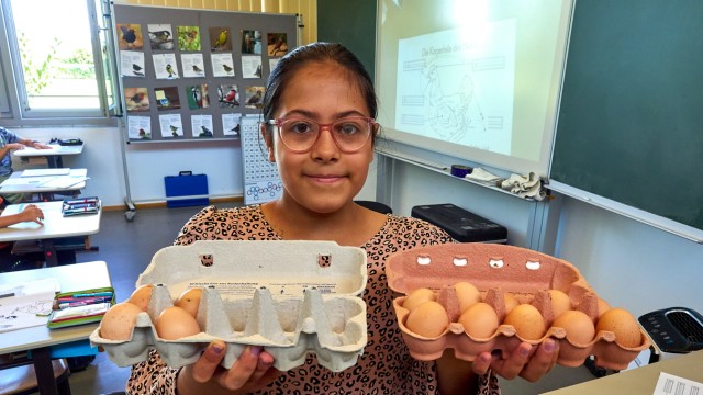 Bildung im Landkreis: Kamar präsentiert stolz den Ertrag von einer Woche: 14 Eier.