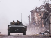 DONETSK REGION, UKRAINE - APRIL 1, 2022: Russian Army servicemen in the city of Mariupol. The Russian Armed Forces are