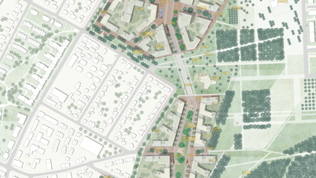 Messestadt Riem: Punkten mit einem Grünband in der Mitte: 03 Architekten und Studio Vulkan.