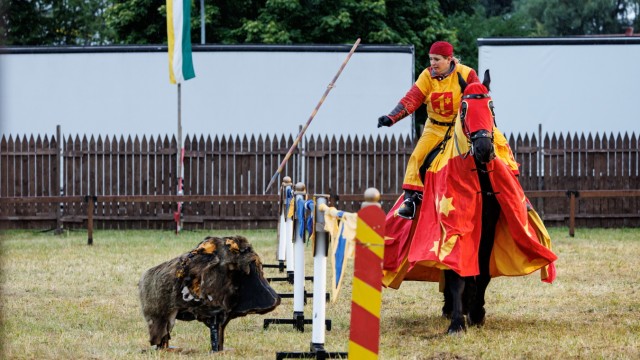 Unterhaltsame Show: Ein Wildschwein ins Herz zu treffen, ist eine Aufgabe für die Teilnehmer des Ritterturniers in Mammendorf.