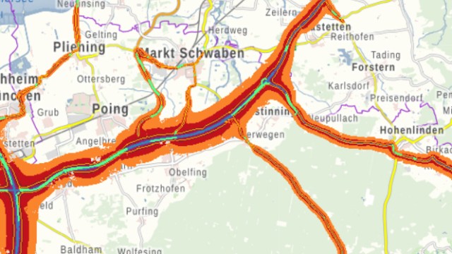 Lärmbelastung: Bedrohlich wirken die Verkehrsadern, die auf dem Lärmbelastungskataster des Bayerischen Landesamts für Umwelt sichtbar werden. Je dunkler die Farbe, desto höher die Lärmbelastung.