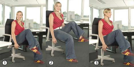 Gymnastik im Büro: Geht alles im Sitzen und dauert nicht lang: Sechs Fitness-Übungen für Hals, Schultern, Arme und Beine. Anni Friesinger macht's vor.