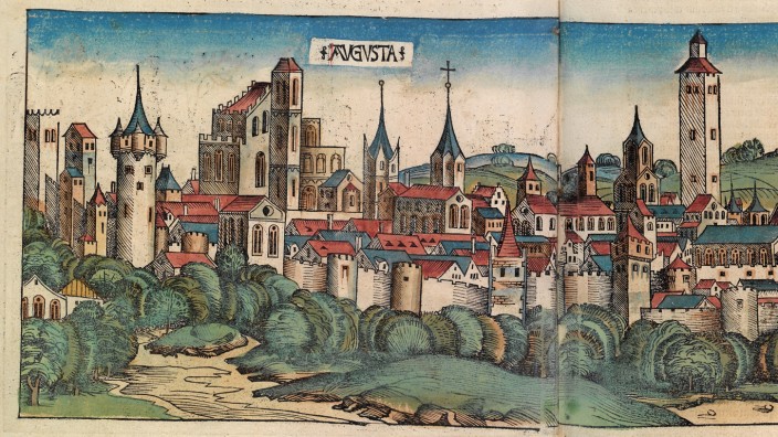Geschichte Bayerns: In der 1493 in Nürnberg erschienenen Weltchronik des Humanisten Hartmann Schedel ist auch ein Holzschnitt mit der Ansicht der Reichsstadt Augsburg enthalten, in der Burkhart Zingg zuletzt gelebt hatte.