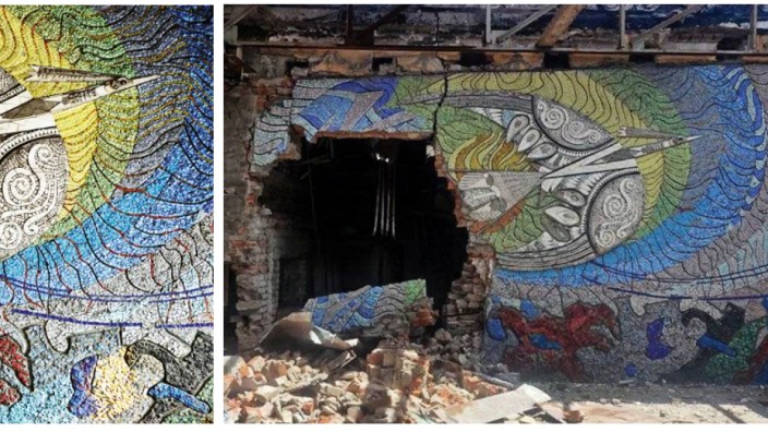 Kunst-Erbe der Ukraine: Im Krieg zerstörtes Mosaik in Mariupol.