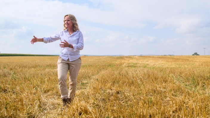 Sommerreisen: Bundesumweltministerin Steffi Lemke (Grüne) steht auf einem Feld, auf dem die Stoppeln zum Schutz des Feldhamsters stehen gelassen wurden.
