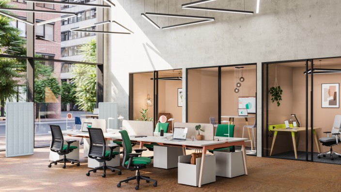 Arbeitsräume: Das Mulitspace-Büro kombiniert Einzelkabinen mit offenen Arbeitsplätzen.