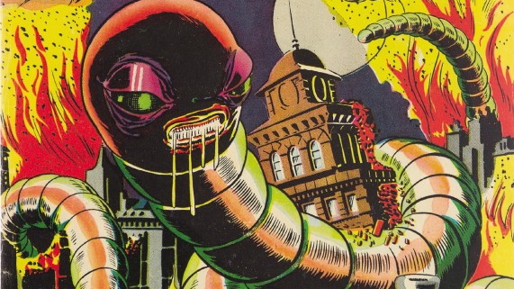 Sachbuch "Horror im Comic": Steve Ditko, der später bei Marvel zusammen mit Stan Lee Spiderman erfand, entwarf diesen geifernden Riesenwurf für ein Cover für "The Thing" (1954), von dem wir einen Ausschnitt zeigen.