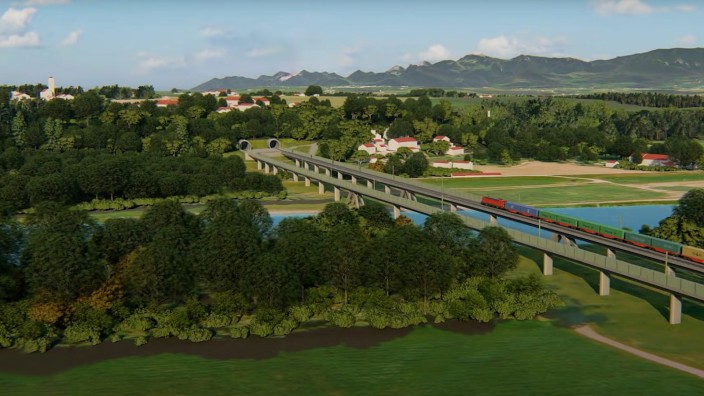 Großprojekt: Die geplante Innbrücke nördlich von Rosenheim in einer Visualisierung der Bahn-Planer