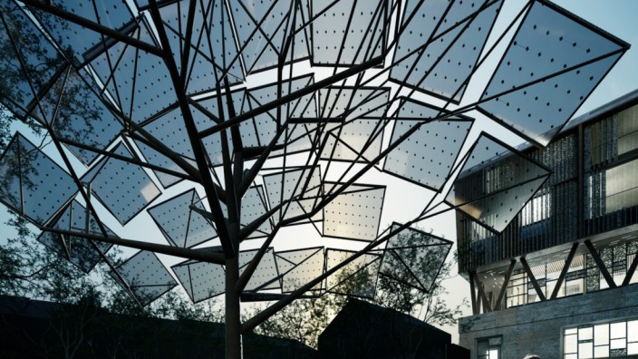 Nachhaltigkeit: Ein "Solarbaum", der Energie generiert und Schatten spendet, gehört zum Entwurf der Karlsruher Studenten, die ein Gründerzeithaus um drei Stockwerke in nachhaltiger Holzbauweise ergänzen wollen.
