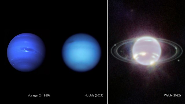 Astronomie: Drei Aufnahmen des Neptun: aufgenommen von "Voyager 2" im Jahr 1989 (links), "Hubble" 2021 (Mitte) und "James Webb" 2022 (rechts). Im sichtbaren Licht erscheint Neptun aufgrund geringer Mengen an Methangas in seiner Atmosphäre blau. Die Nahinfrarotkamera des Webb-Teleskops beobachtete Neptun stattdessen im nahen Infrarot, wo Neptun einer Perle mit dünnen, konzentrischen ovalen Ringen ähnelt.
