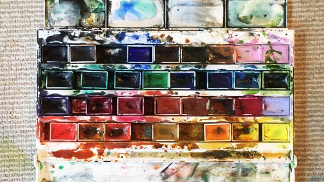 Column:  My passion.  mixing the colors on the lid of the box results in a small mini watercolor.