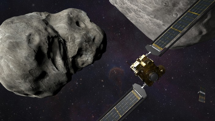 Nasa: Illustration der Dart-Sonde und ihres Ziels, des Asteroidenmonds Dimorphos