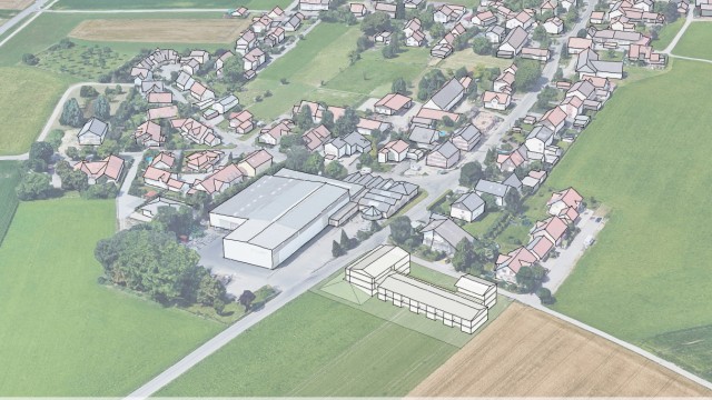 Fürstenfeldbruck: Am östlichen Ortseingang von Aich, gegenüber einem Gewerbegebiet, könnte die Wohnungsbaugesellschaft des Landkreises das Ensemble mit 22 Wohnungen errichten.