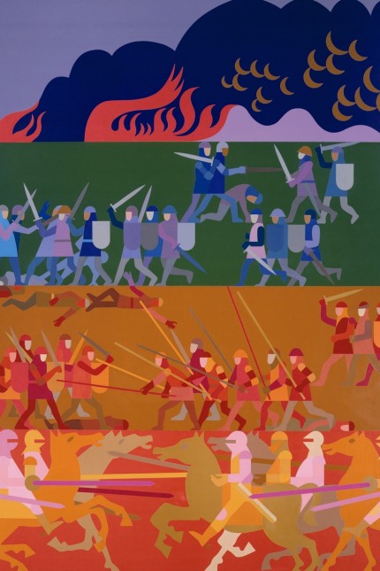 Geschichte Bayerns: Der Grafikdesigner Otl Aicher, bekannt für seine Arbeiten für die Olympischen Spiele 1972, schuf auch Bildtafeln - und eine davon zeigt die Schlacht von 1322.