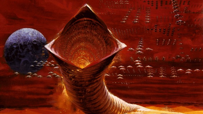 Dem Geheimnis auf der Spur: Im Science-Fiction-Roman "Dune" sind die Sandwürmer riesig (Plakat zur Verfilmung von 1984). Der Mongolische Todeswurm soll deutlich kleiner sein, aber auch sehr gefährlich.
