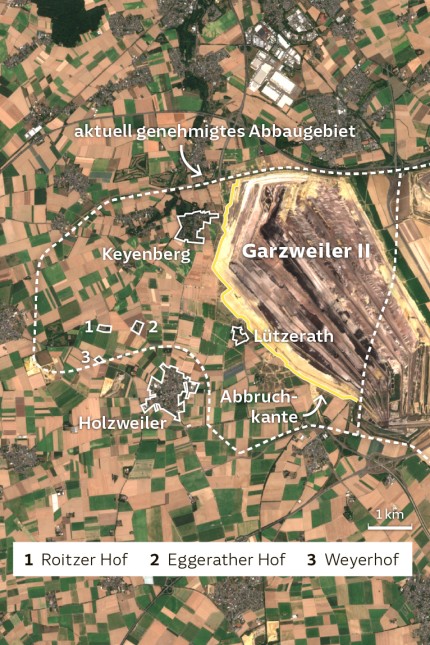 Tagebau: Zum Dorf Holzweiler zählen auch drei Bauernhöfe: der Roitzerhof (1), der Eggerather Hof (2) und der Weyerhof (3).