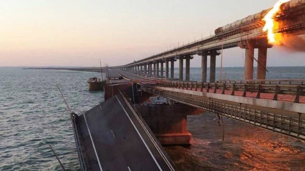 Russia. Kerch. OCTOBER 8, 2022. Collapsed section of a bridge linking Crimea to mainland Russia. Early on October 8, a t