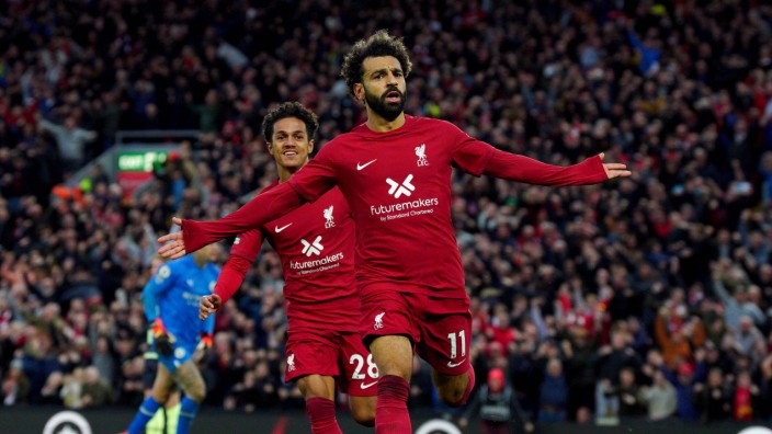 Premier League: Mo Salah feiert sein Tor für Liverpool gegen Manchester City