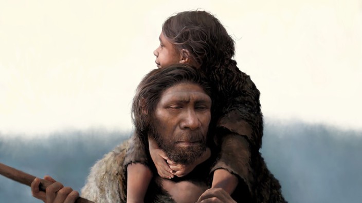 Neandertaler-Vater trägt seine Tochter auf den Schultern