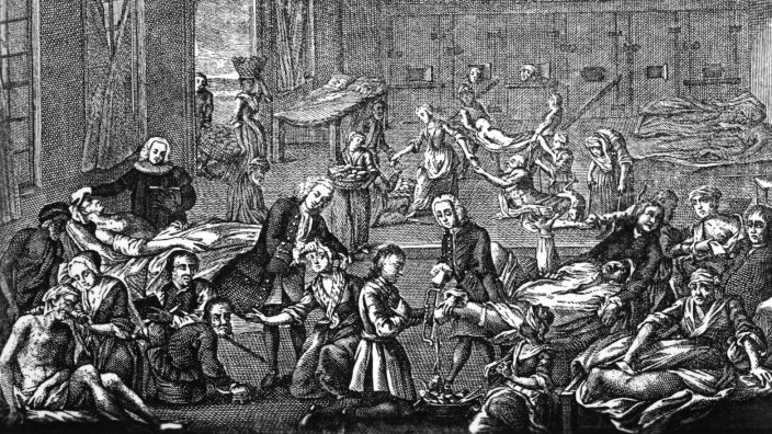 Menschheitsgeschichte: Eine Infektion mit der Pest verlief jahrhundertelang oft tödlich. Die Zeichnung zeigt Kliniktreiben im 17. oder 18. Jahrhundert.