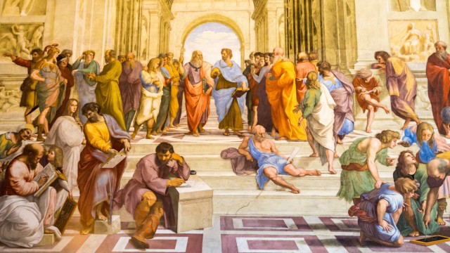 Gossip im antiken Athen: Gespräche mussten im antiken Griechenland nicht immer so philosophisch sein wie dieses: Berühmte Denker in der "Schule von Athen" von Raffael.
