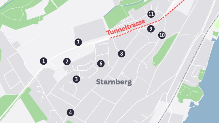 B2-Tunnel in Starnberg: Für den Starnberger B2-Tunnel startet am 9. November ein fünftes Bohrprogramm an zwölf Stellen mit einer maximalen Bohrtiefe von bis zu 35 Metern. In der Infografik sind die Bohrstellen und deren geografische Lage im Stadtgebiet gekennzeichnet.